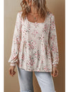 Pink Floral Print Pleated U Neck Loose Fit Blouse