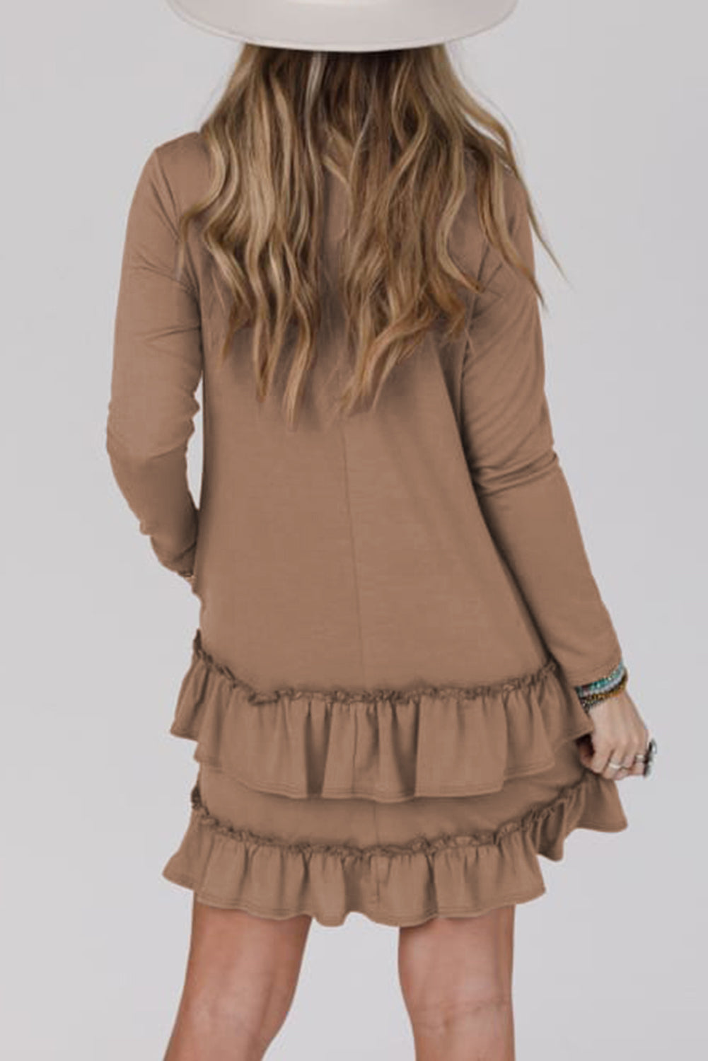 Goat Scoop Neck Tiered Ruffled Hem Long Sleeve Mini Dress