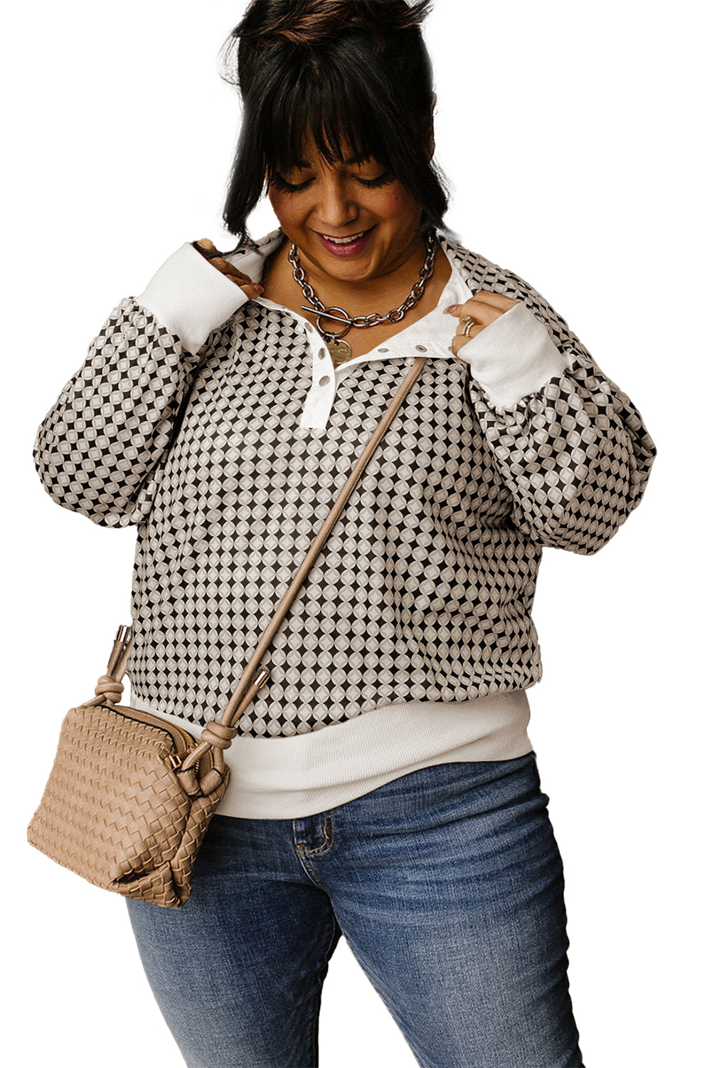 Black Plus Size Two Tone Contrast Collared Pullover Sweatshirt