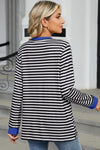 Long Sleeve Tops Black Striped Contrast Edge Loose Pocketed Long Sleeve Top.