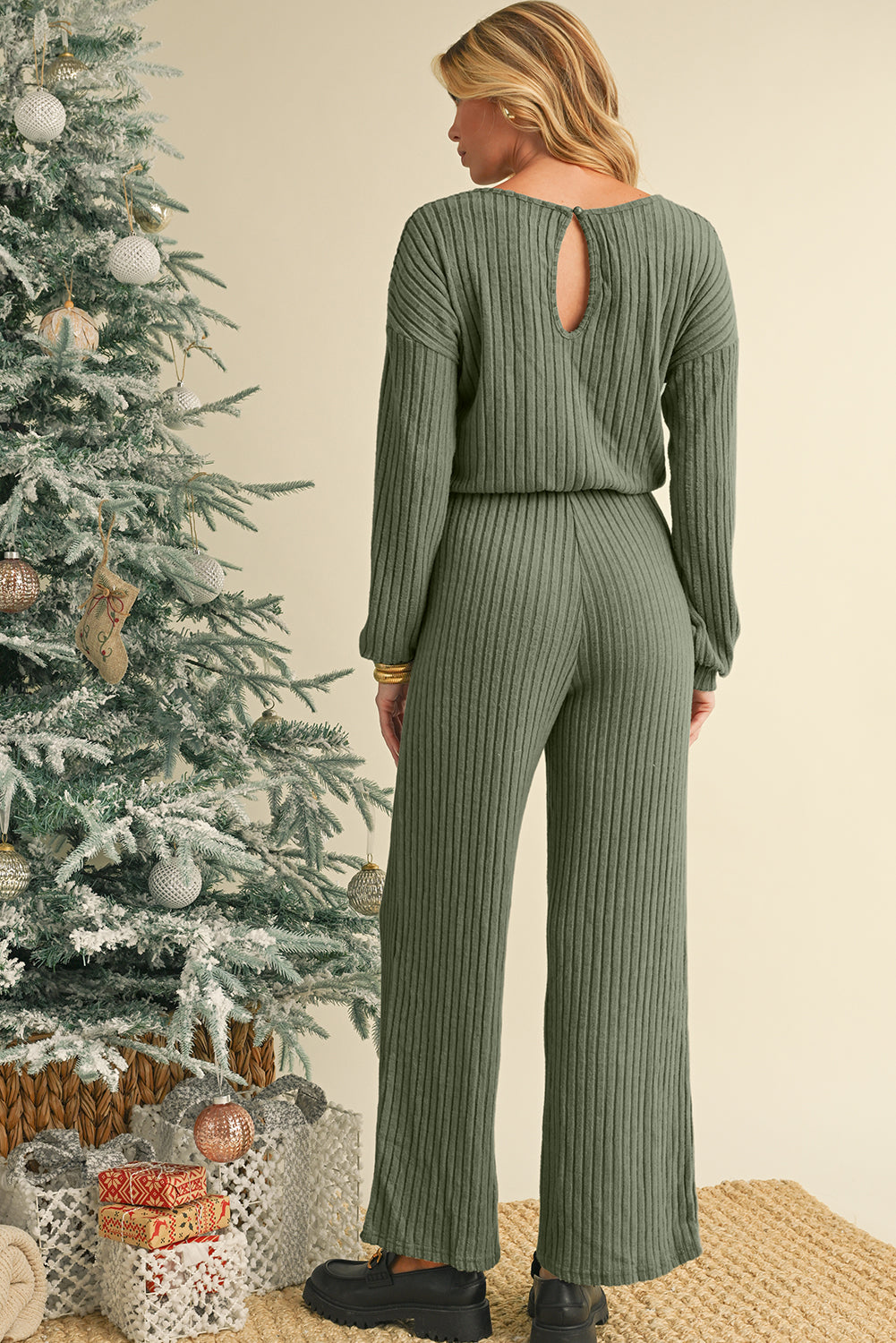 Laurel Green Solid Ribbed Knit Keyhole Back High Waist Jumpsuit