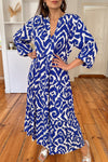 Blue Abstract Print V Neck Tiered Maxi Dress