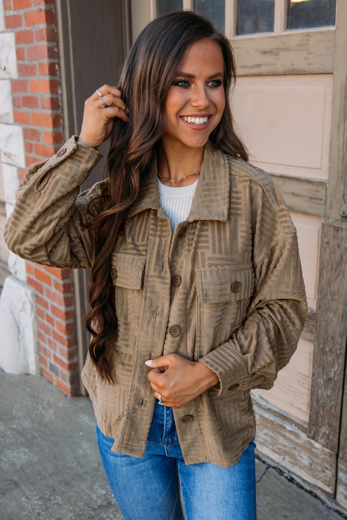 Dark Khaki Textured Chest Pocket Button Up Shacket