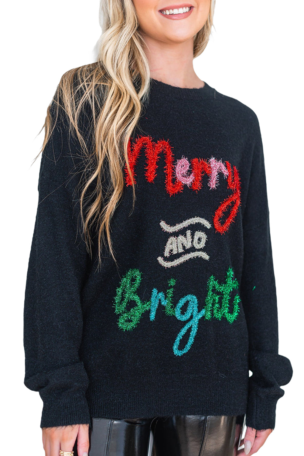 Black Christmas Tinsel Merry and Bright Graphic Sweater