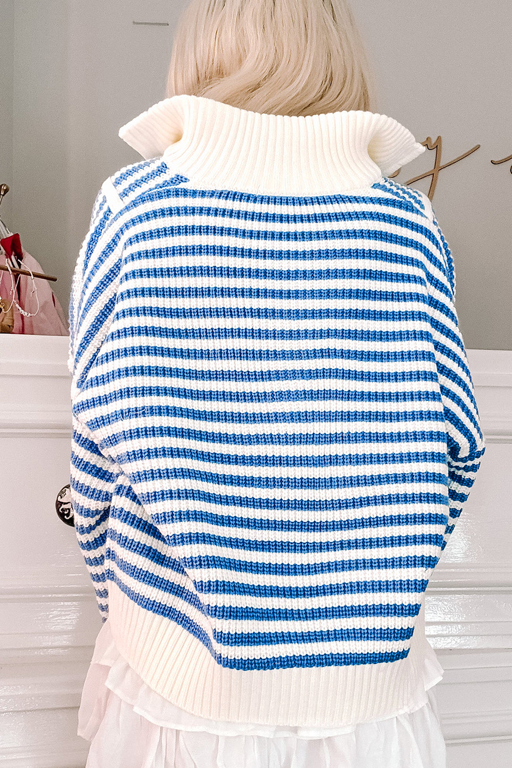 Pink Stripe Zip Up Collar Drop Sleeve Sweater