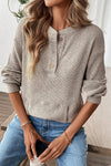 Simply Taupe Ribbed Texture Drop Shoulder Henley Knit Top