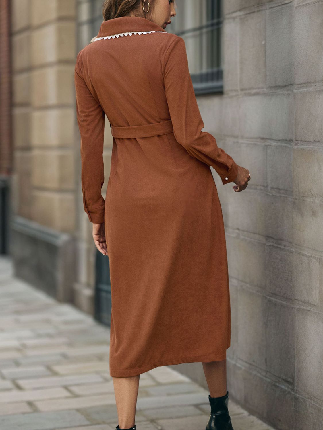 Perfee Lace Detail Collared Neck Long Sleeve Midi Dress