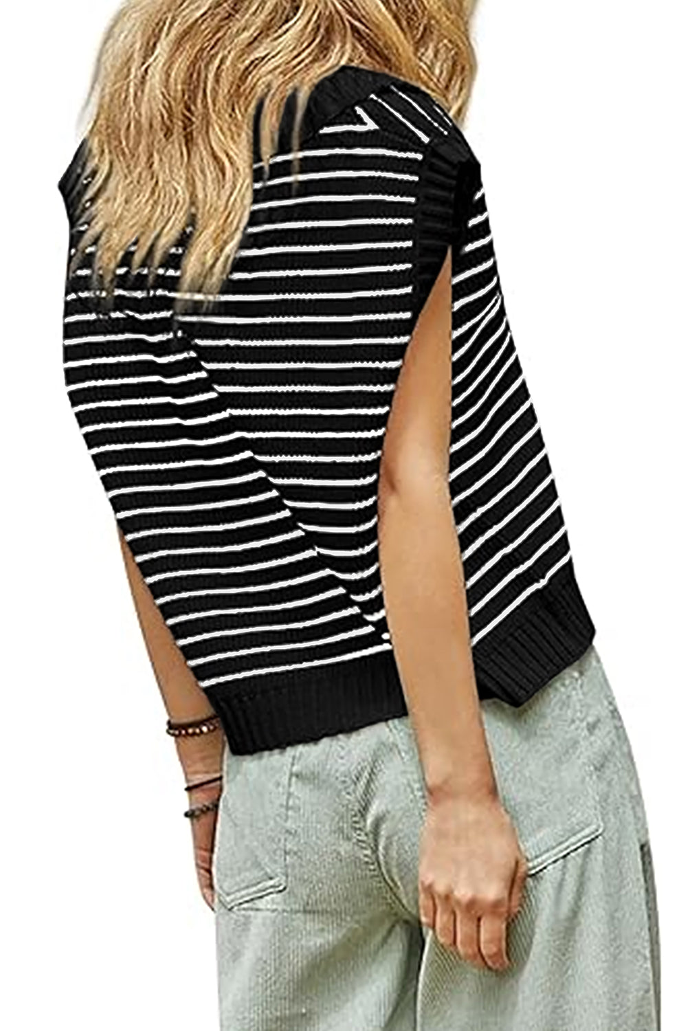 Beige Stripe Turn-down Collar Sleeveless Knitted Top