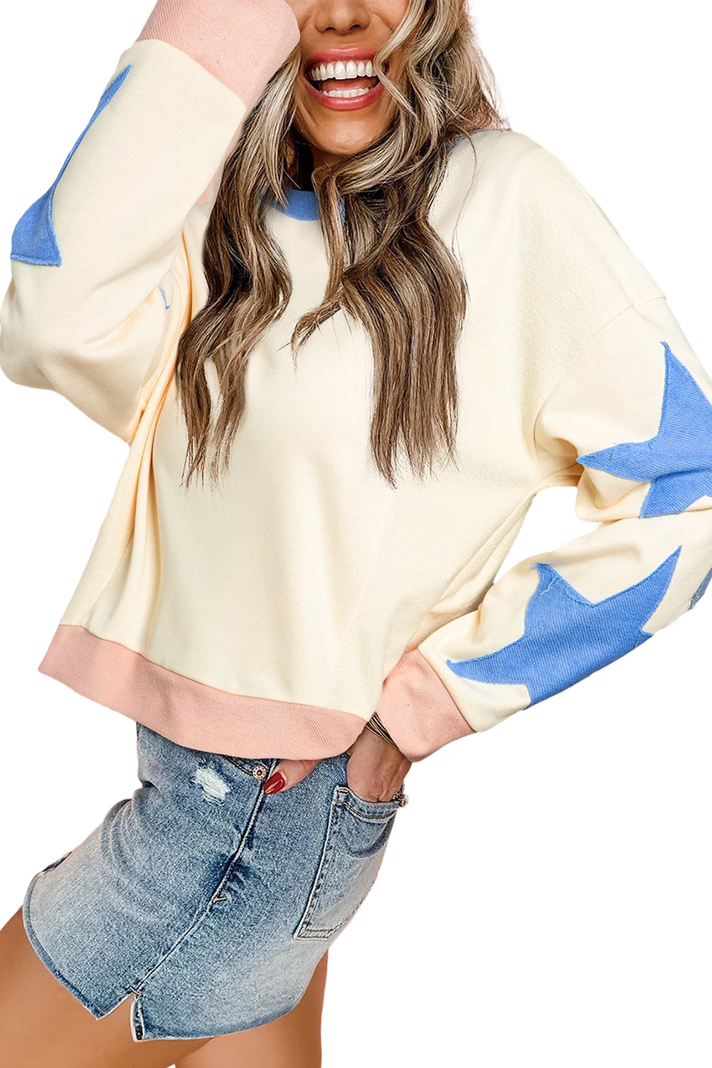 Light Pink Star Patchwork Exposed Seam Oversized Sweatshirt