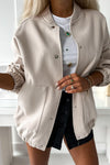 Beige Snap Button Pocketed Bomber Jacket