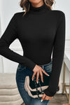 Black Knit Fleece Lined Turtleneck Thermal Slim Fit Top