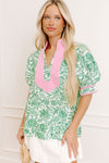 Green Leaves Pattern Colorblock V Neck Puff Sleeve Blouse