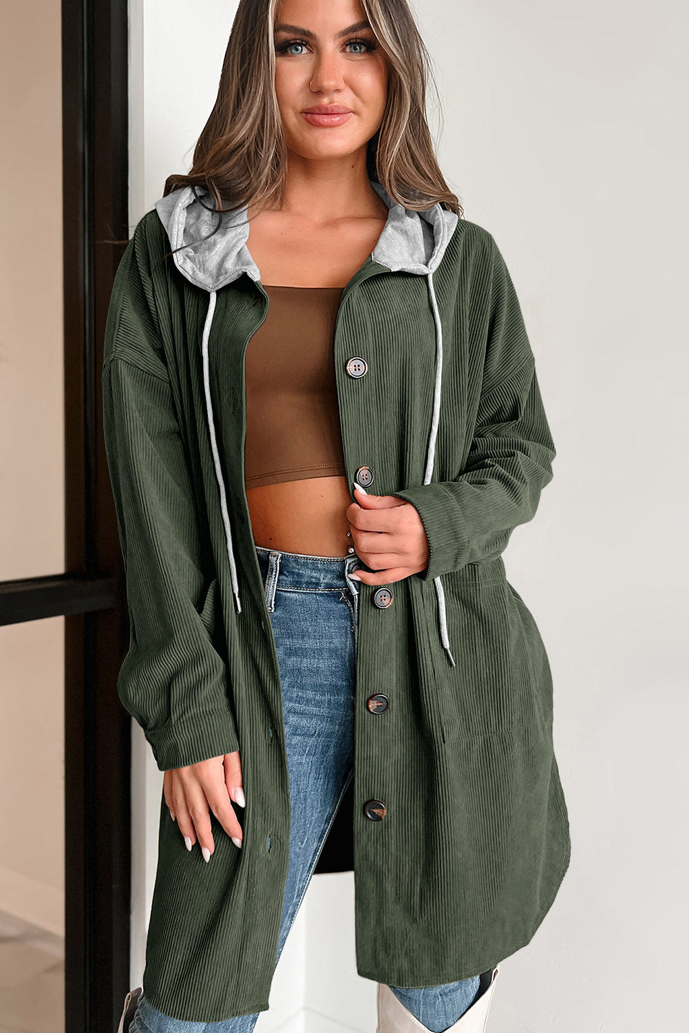 Jungle Green Oversized Hooded Patchwork Corduroy Shacket