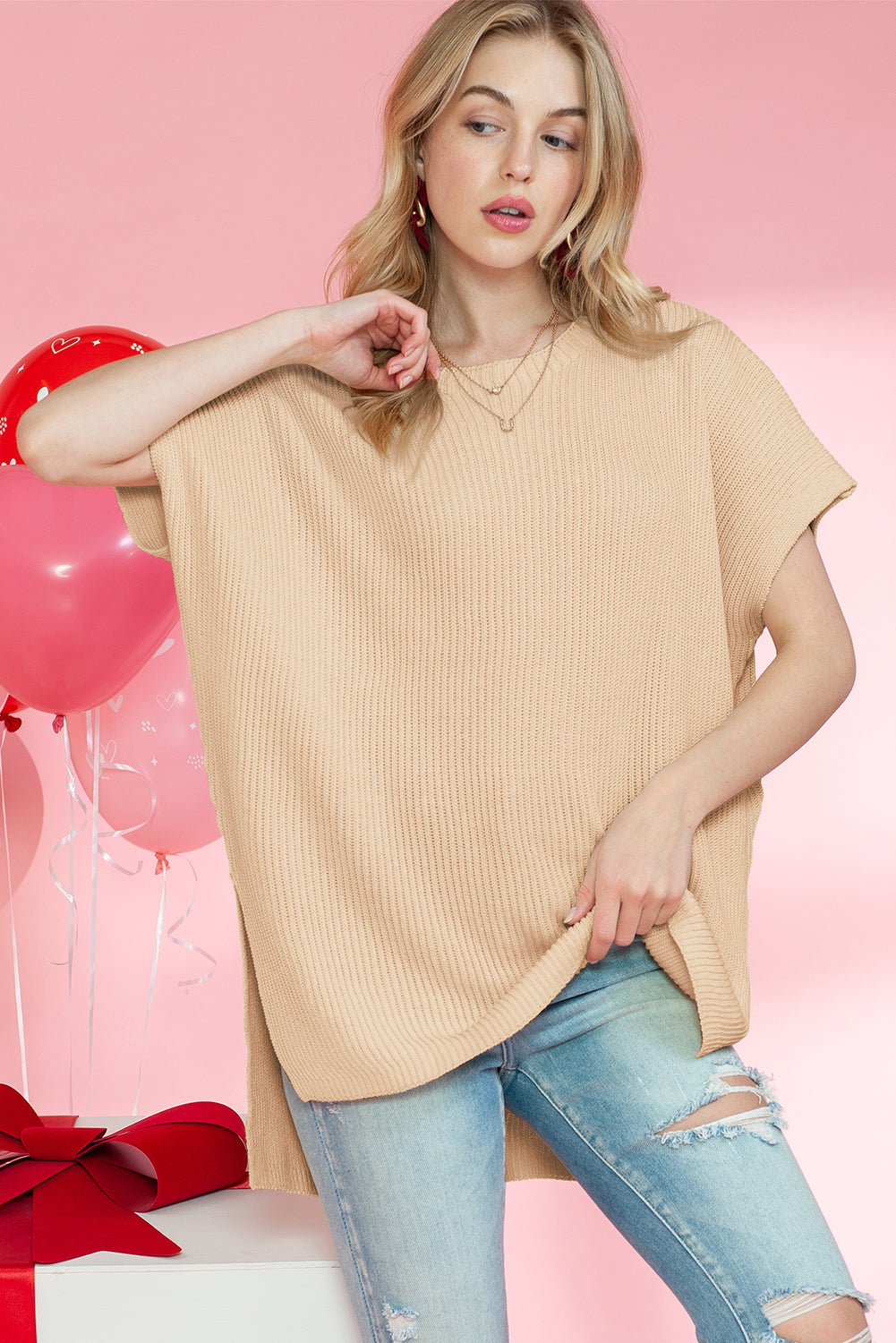 Apricot Side Slit Short Sleeve Oversized Sweater