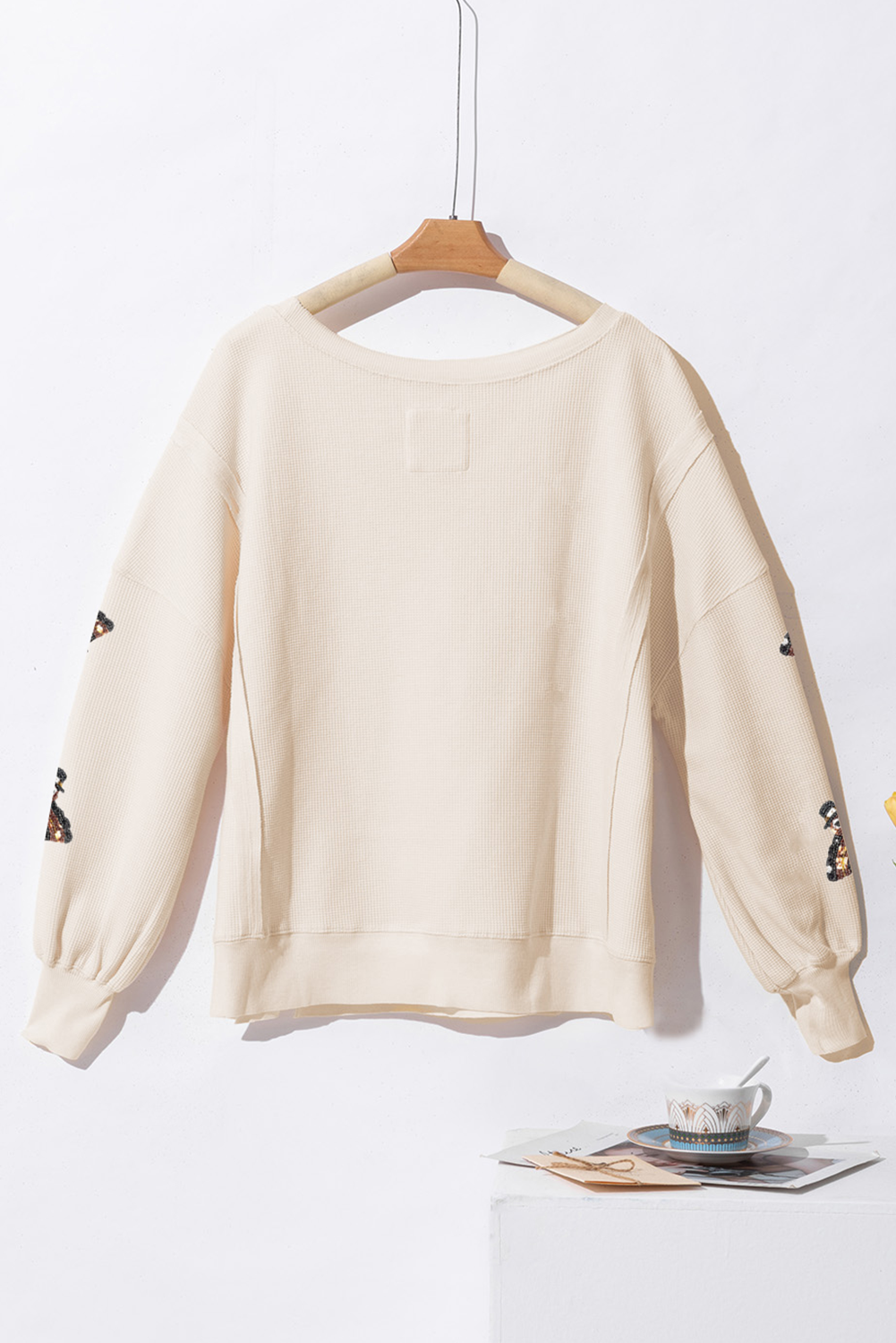 White SequinsTurkey Waffle Oversized Knit Long Sleeve Top