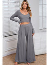 Black Plain Ribbed Crop Top & Wide Leg Pants Two Piece Pants Set