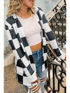 Black Checkered Waffle Knit Thumbhole Long Sleeve Cardigan