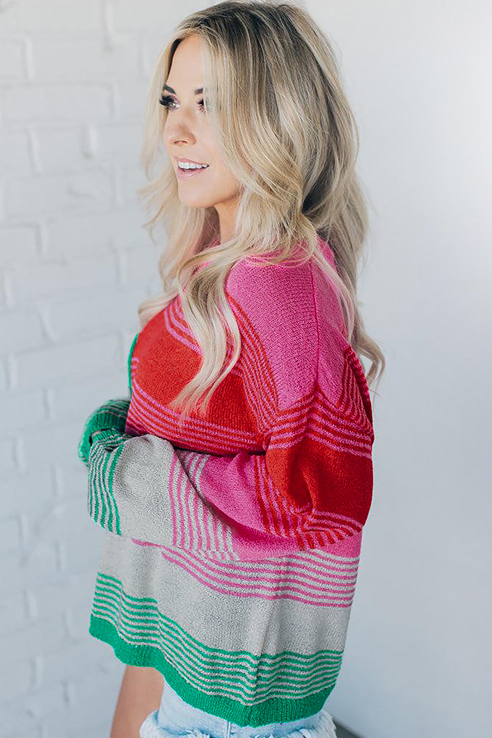 Rose Striped Patch Pocket Drop Shoulder Knit Sweater