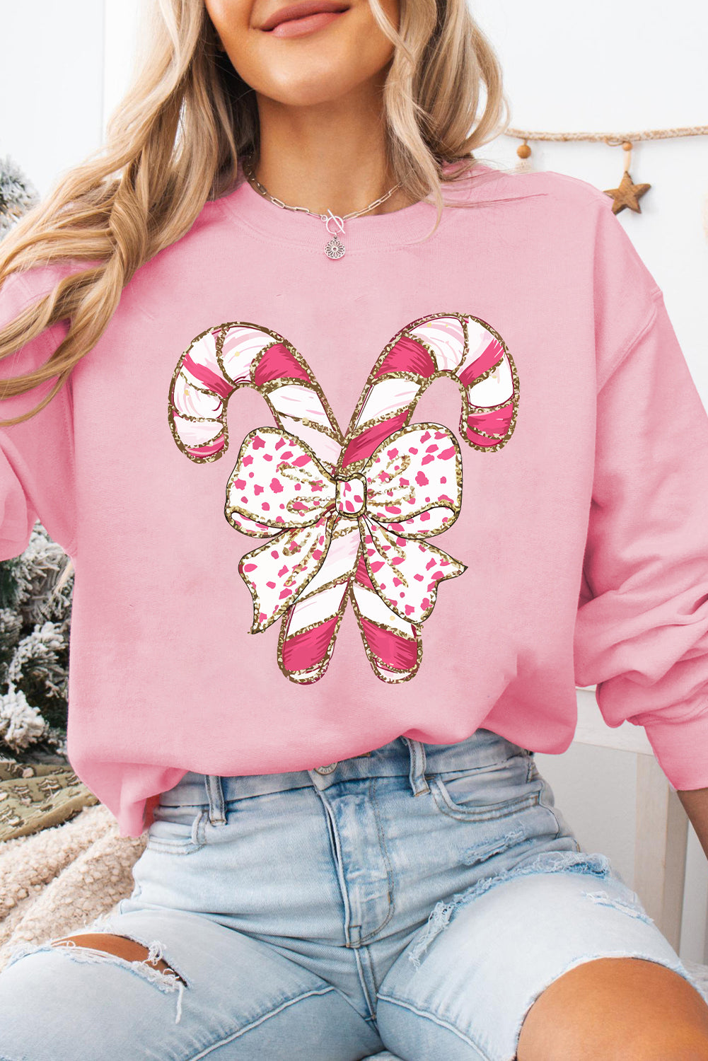 Pink Christmas Bow Candy Cane Graphic Drop Shoulder Crew Neck Sweatshirt