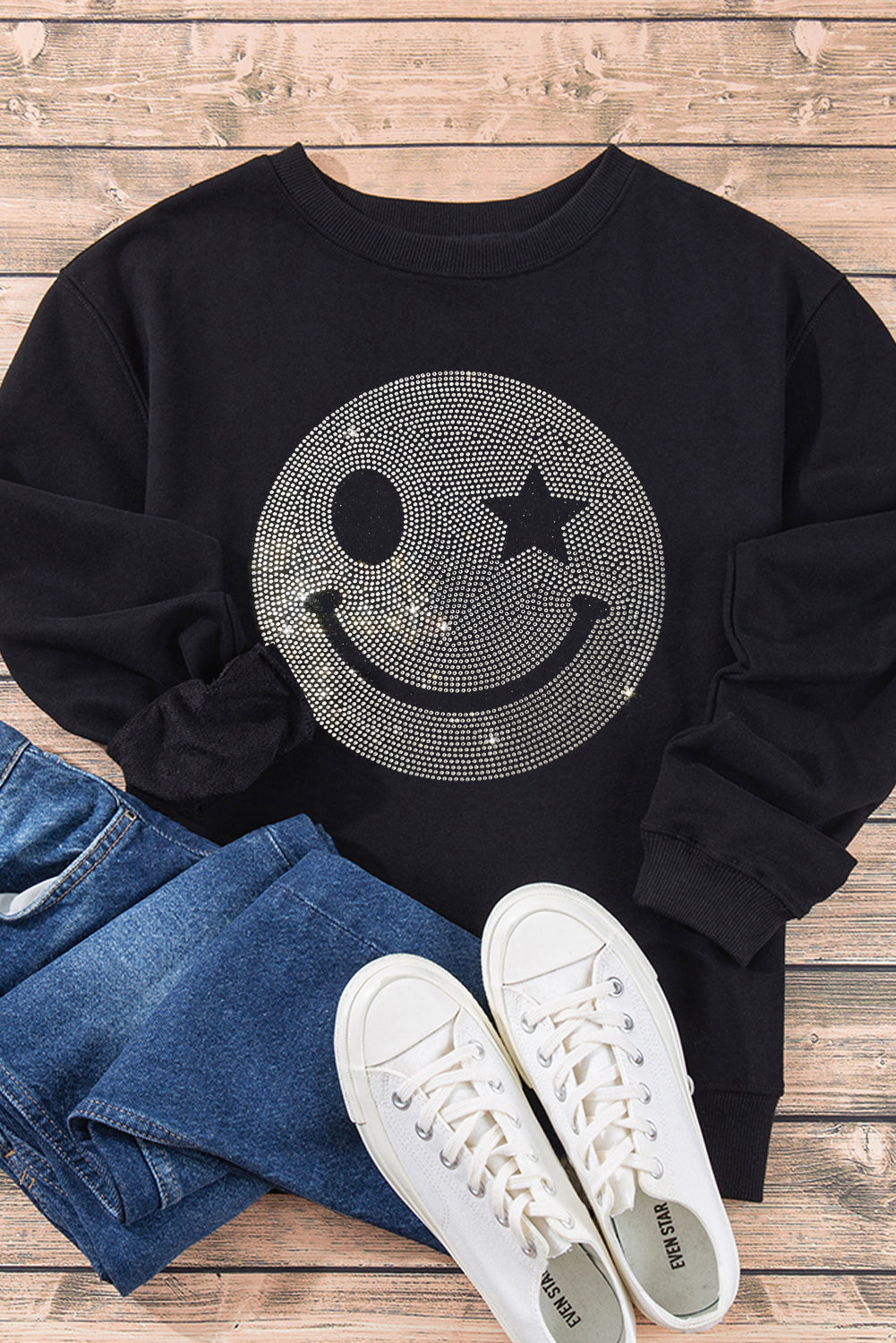 Valerian Rhinestoned Smile Graphic Crew Neck Sweatshirt