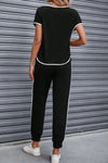 Black Contrast Trim Top & Drawstring Pants Set