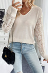 Beige Waffle V Neck Patchwork Lace Sheer Long Sleeve Top
