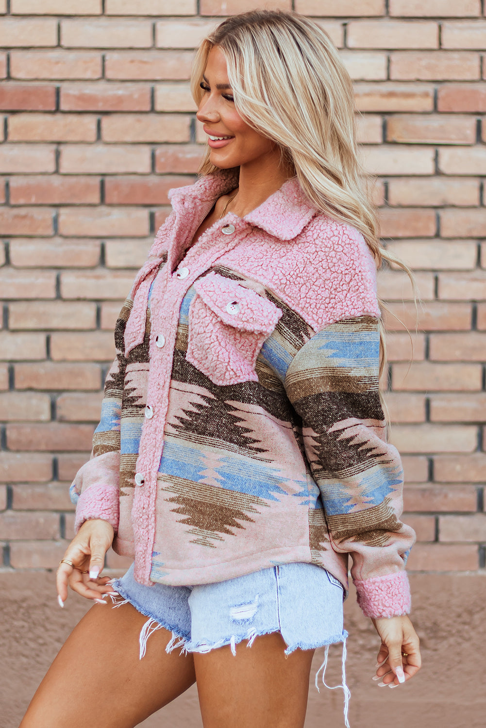 Pink Aztec Print Sherpa Splicing Buttoned Flap Pocket Coat