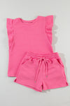 Bonbon Textured Ruffle Sleeve Tee and Drawstring Shorts Set