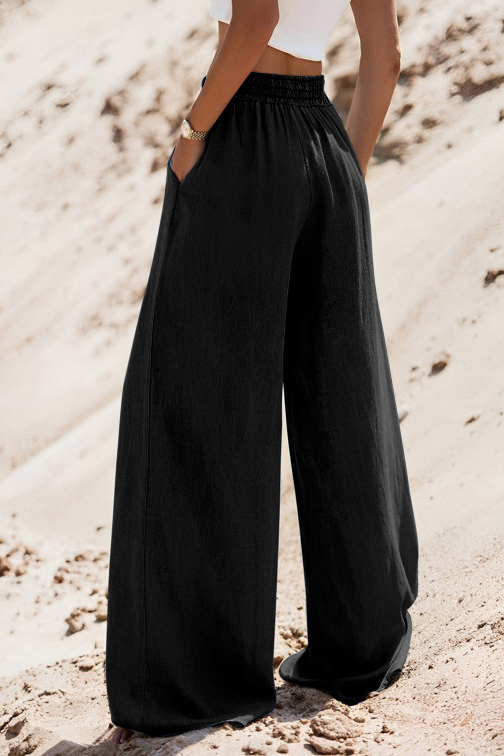 Black Drawstring Elastic Waist Wide Leg Jeans