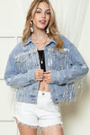 Blue Sequined Fringe Distressed Button Up Denim Jacket