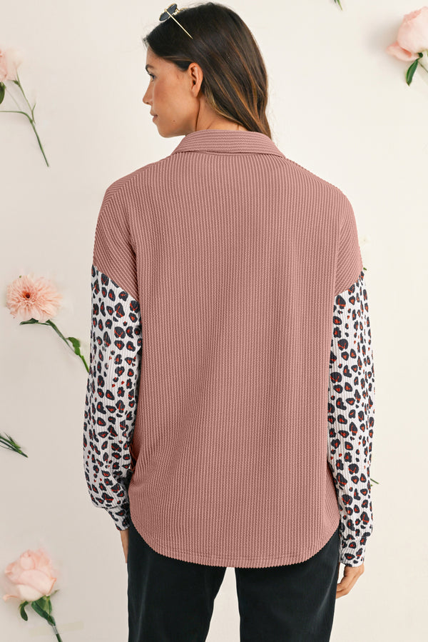 Dark Khaki Leopard Patchwork Twisted Ribbed Casual Shacket