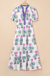 White Floral Ruffle Hem Pop of Color Neckline Dress
