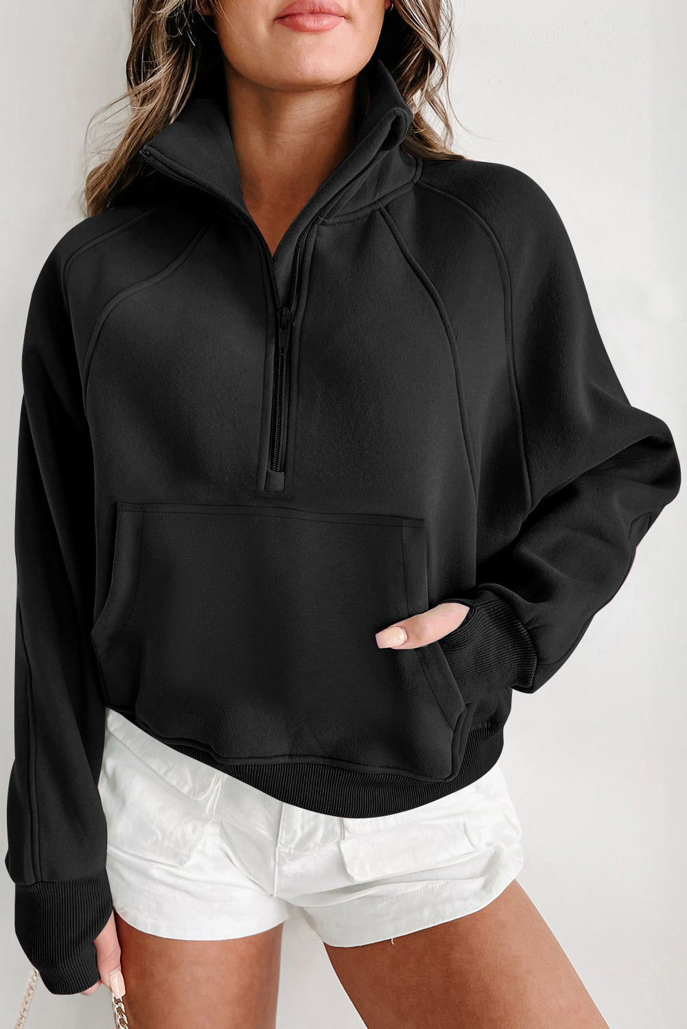 Parchment Quarter Zip Stand Neck Kangaroo Pocket Sweatshirt