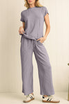 Blue Solid Corded Short Sleeve T Shirt and Wide Leg Pants Set