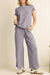 Blue Solid Corded Short Sleeve T Shirt and Wide Leg Pants Set