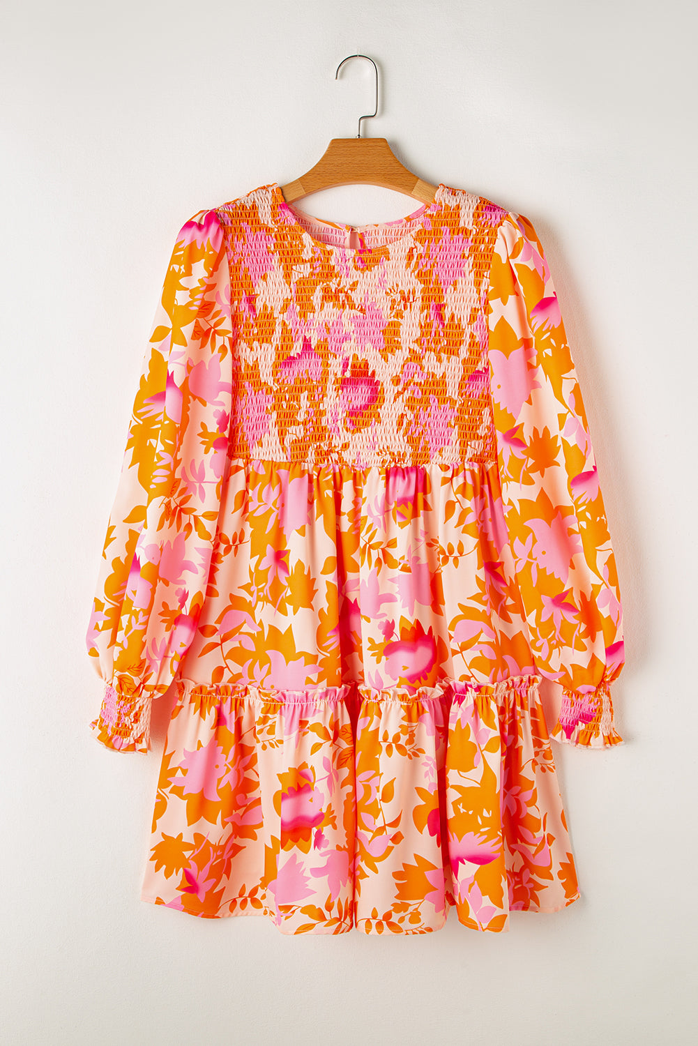 Orange Abstract Print Smocked Bust Lantern Sleeve Ruffle Mini Dress