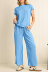 Blue Solid Corded Short Sleeve T Shirt and Wide Leg Pants Set