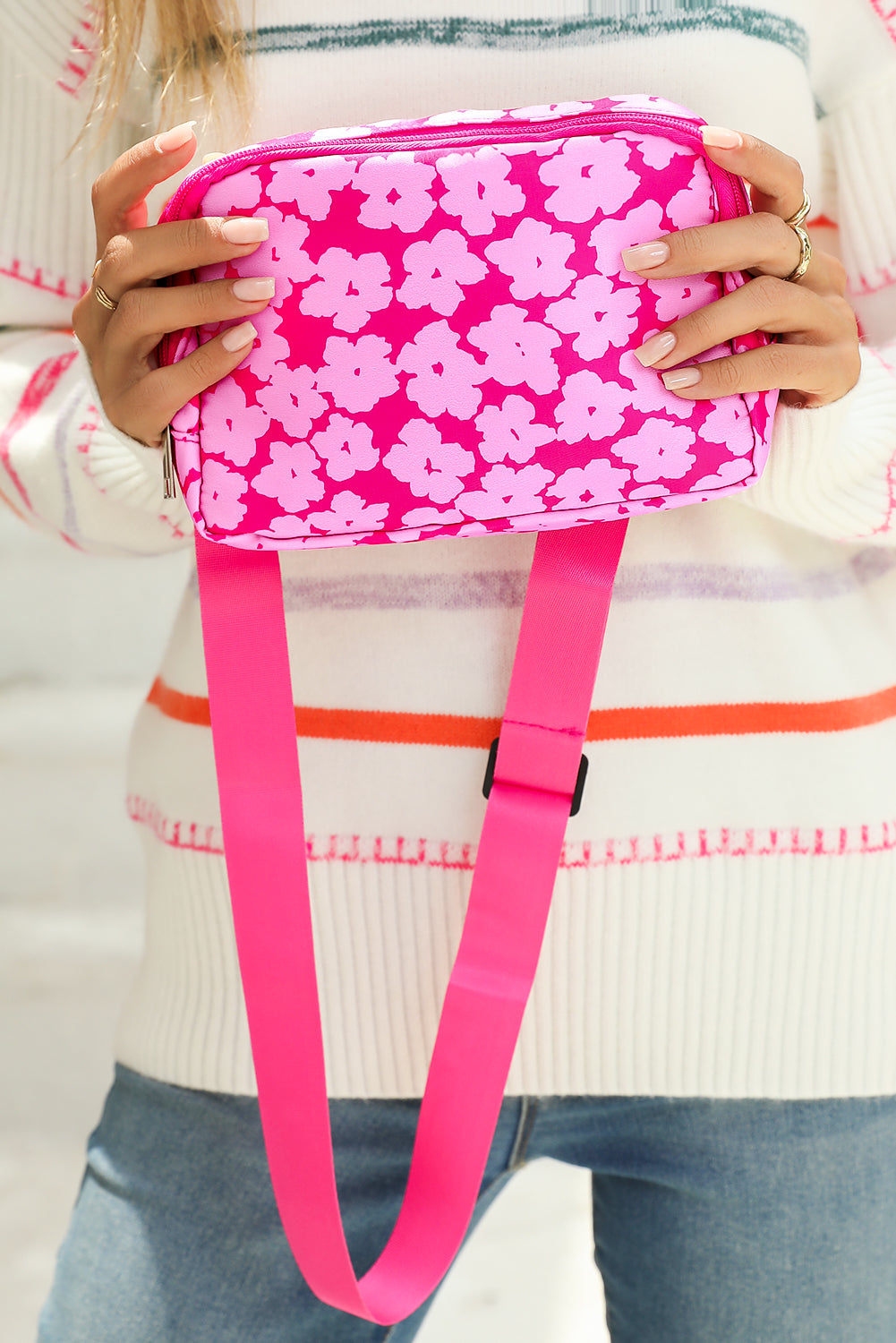 Rose Red Flower Print Wide Belt Buckle Zipper Crossbody Bag