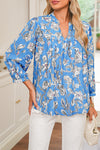 Sky Blue Vintage Floral Print V-Neck Bubble Sleeve Blouse