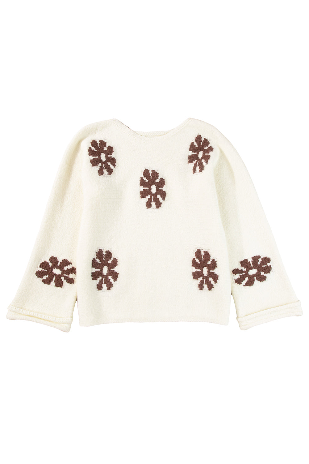 White 60s Floral Pattern Crewneck Sweater