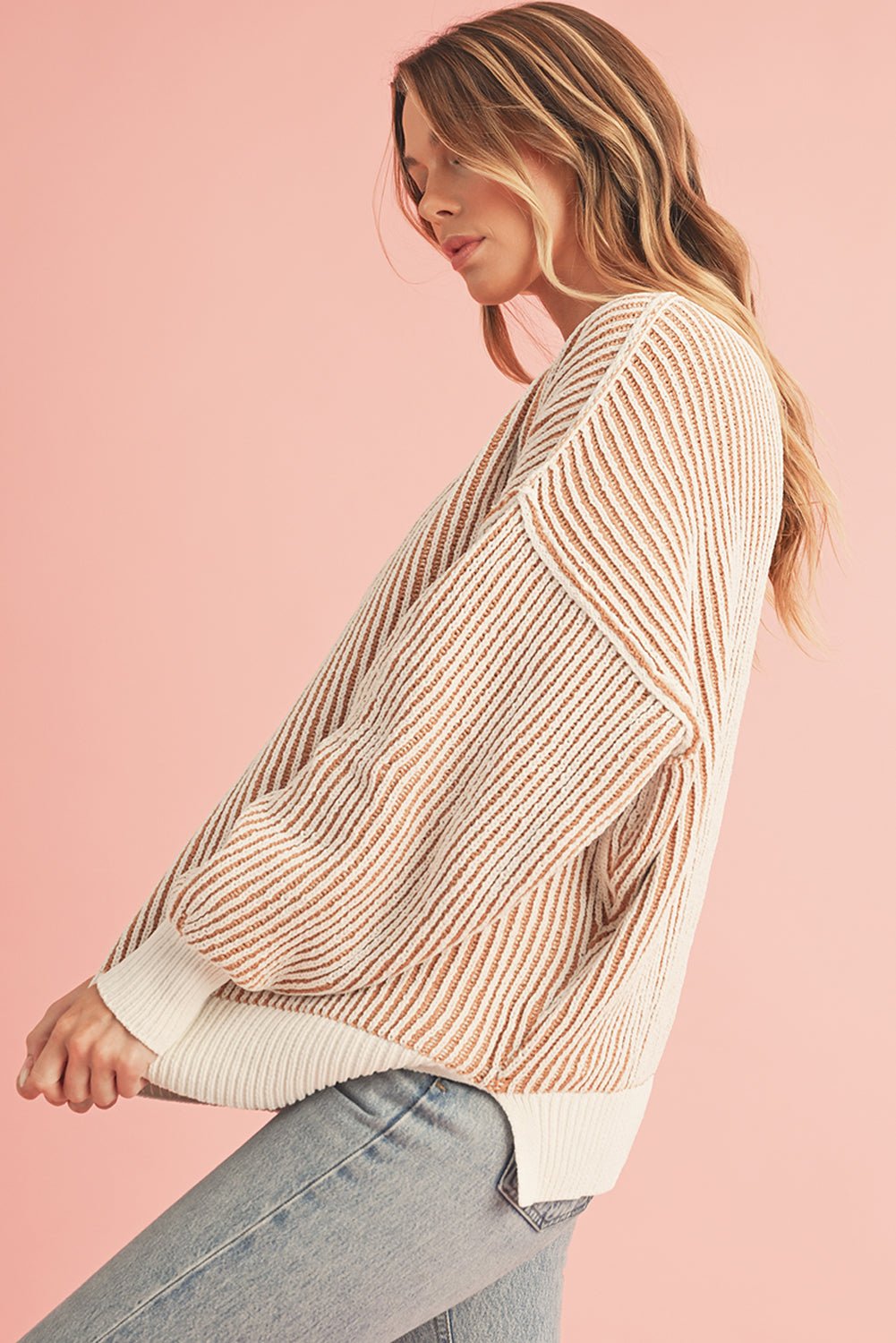 Bright Pink Striped Contrast Trim Loose Sweater