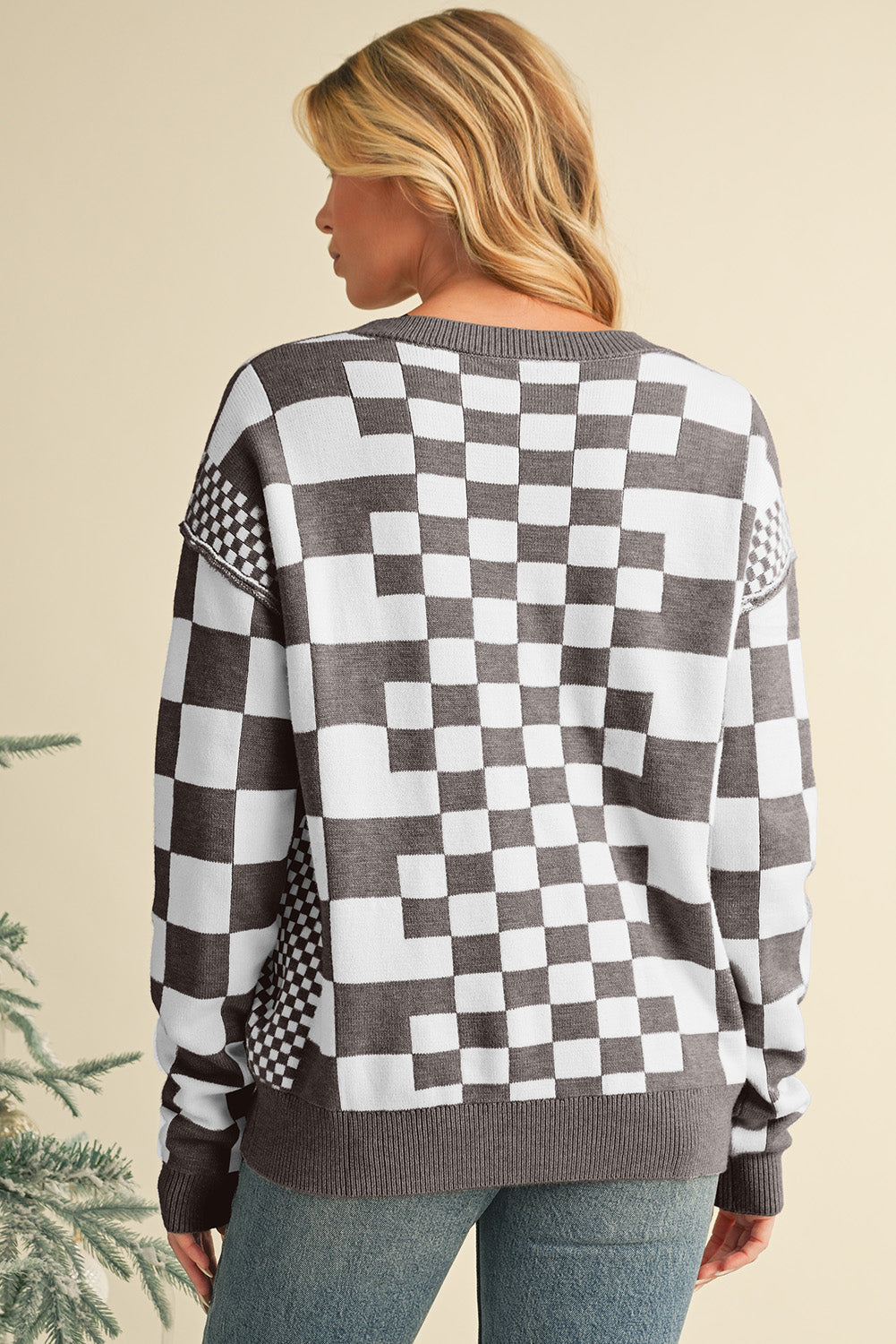 Carrot Checkered Drop Shoulder Round Neck Sweater