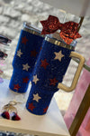 Dark Blue Star Rhinestone Handle Large Vacuum Cup 40oz