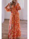 Orange Boho Floral Bishop Sleeve V Neck Tiered Maxi Dress