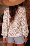 Blue Floral Print Lace Detail Puff Sleeve Shirt