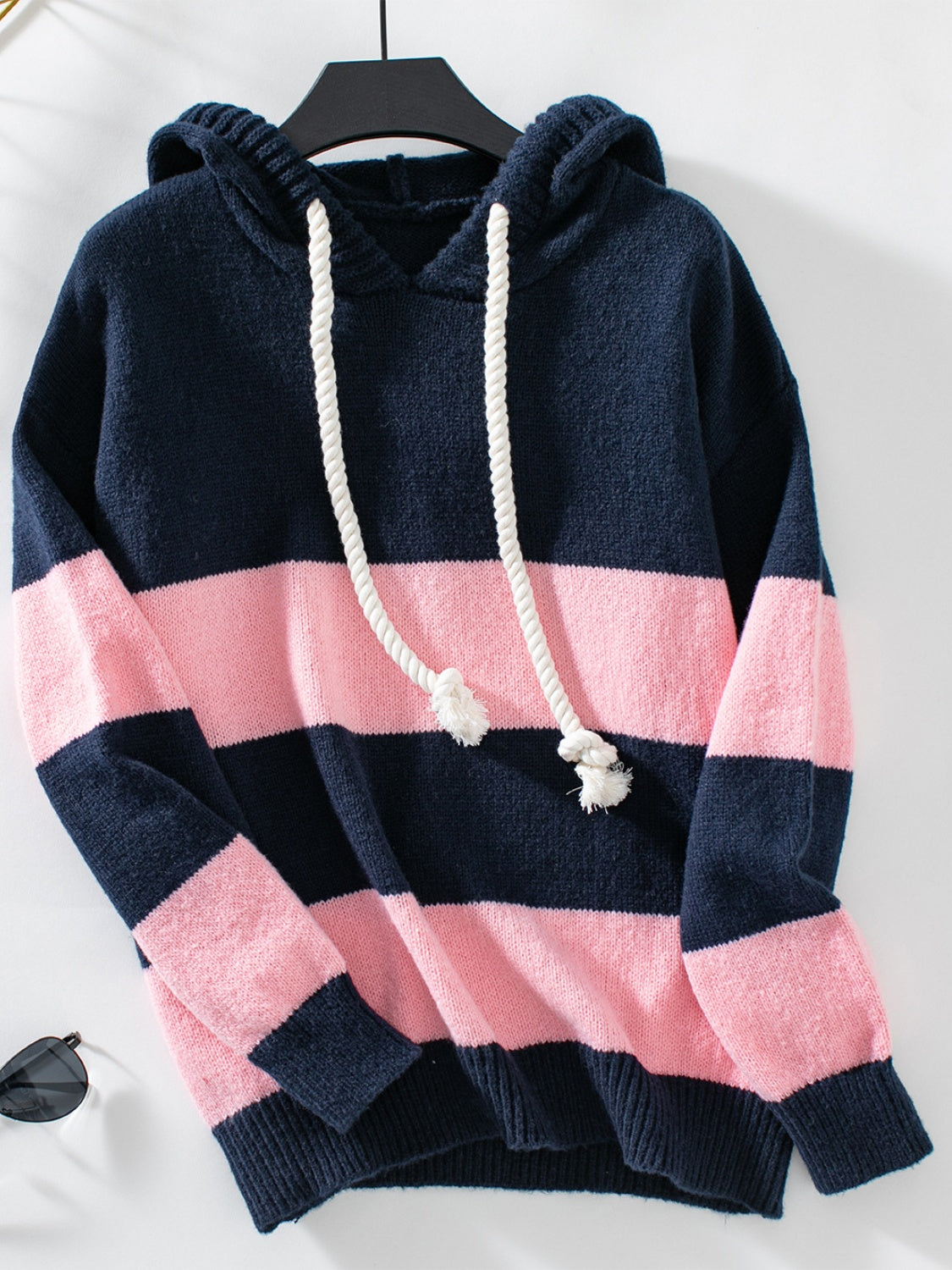 Drawstring Contrast Stripe Dropped Shoulder Hooded Sweater