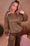 Coffee Allover Leopard Print Contrast Trim Long Sleeve Top and Pants Set