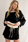 Coffee Contrast Trim Loose Pullover and Lace-up Waist Skort Set