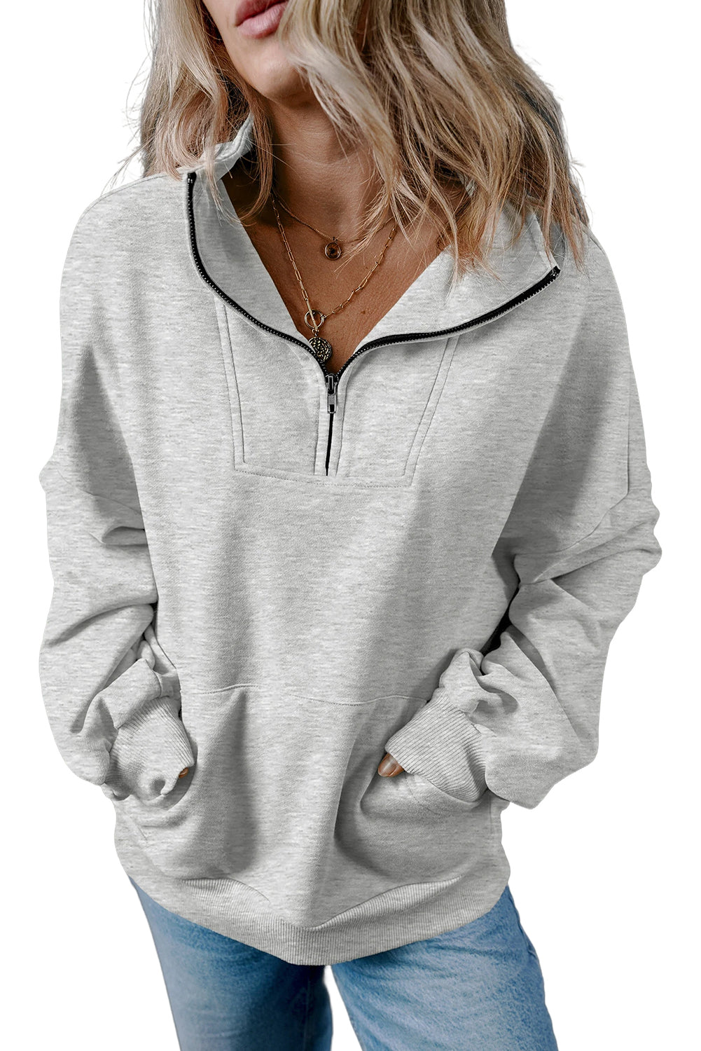 Bonbon Zip-up Stand Neck Kangaroo Pocket Sweatshirt