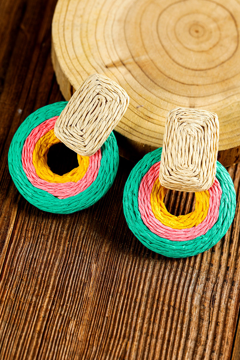 Green Colorblock Boho Woven Hoop Earrings